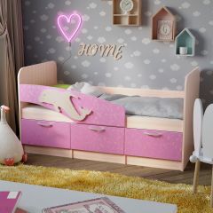 Кровать Дельфин 1,6 (Дуб молочный/фасад - Ламарти розовый) в Миассе - miass.mebel24.online | фото 2